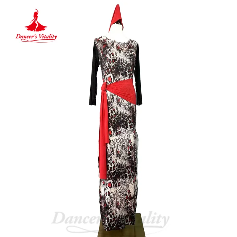 

Belly Dance Practice Suit Customized Leopard Pattern Long Sleeve Dress+Headscarf+Hip Scarf 3pcs Adult and Child Training Clothes