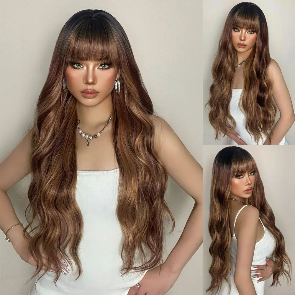 HENRY MARGU Synthetic Long Curly Highlight Wigs With Bangs Mixed Chocolate Brown Golden Hair Wigs for Black Women Cospaly