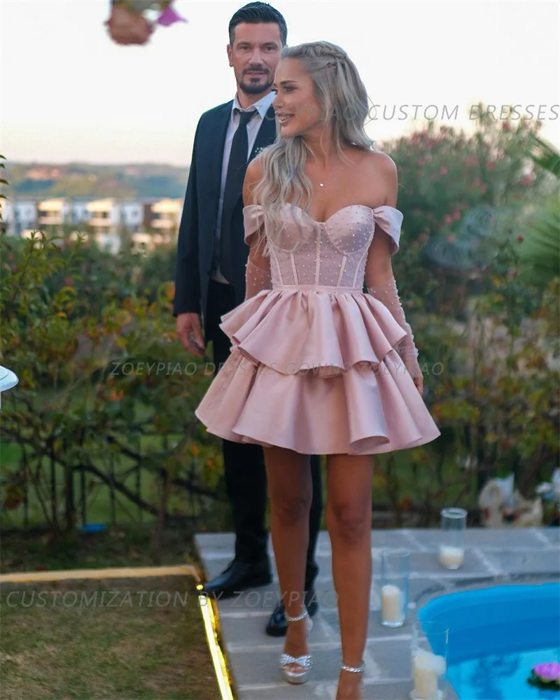 Requintado Vestido Quinceanera De Baile De Pérolas Rosa, Arábia Saudita, Saias De Comprimento Mini Em Camadas, Vestido De Noite De Cocktail De Cetim Personalizado