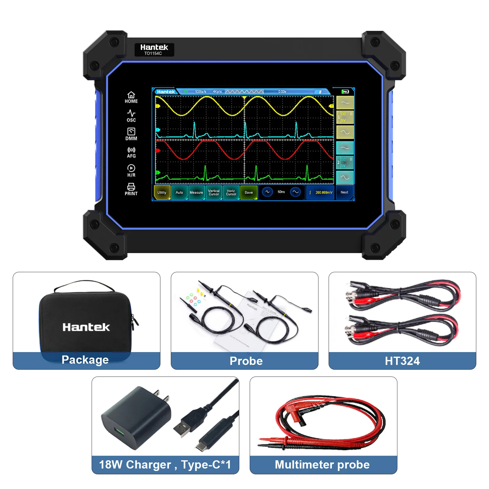 Hantek Tablet z ekranem dotykowym oscyloskop 4 kanały 250MHZ 1GSa/S oscyloskop cyfrowy + multimetr 2 w 1 oscyloskop typu C + 8M