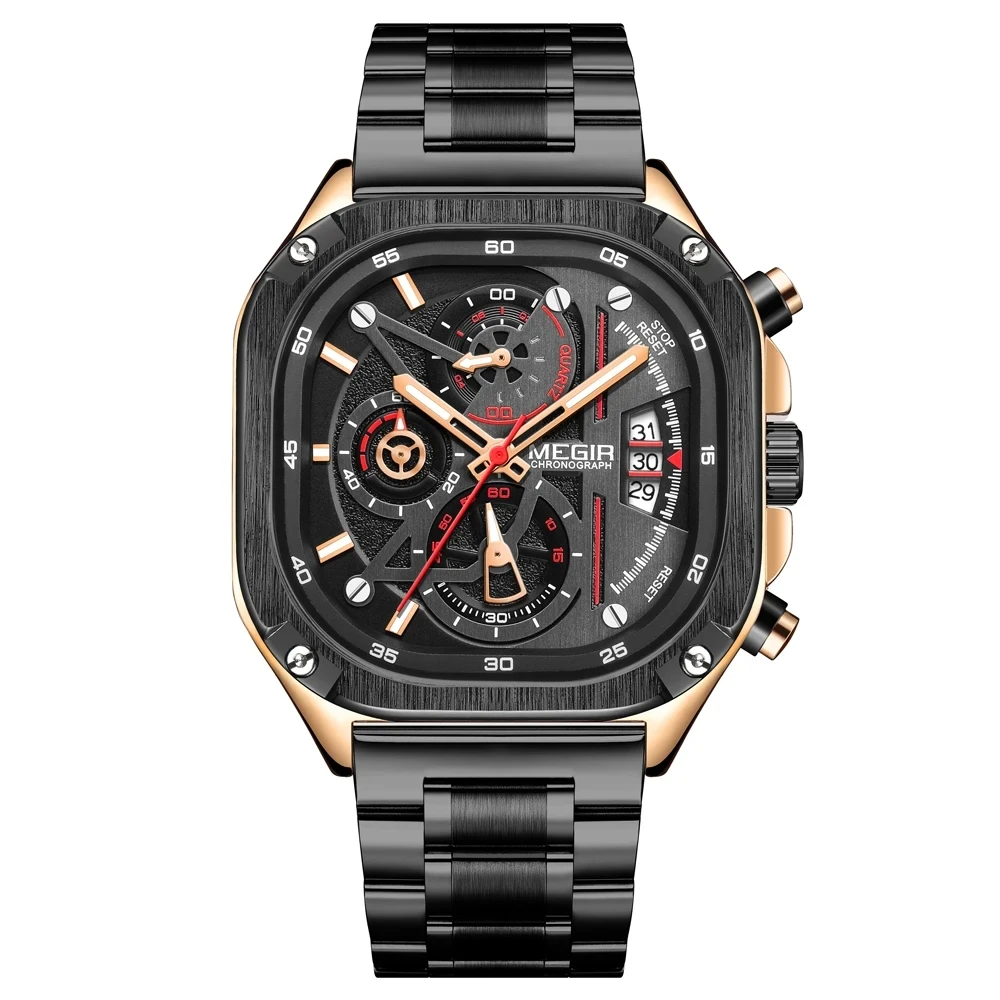 MEGIR Square Dial Chronograph Quartz Watches for Men Fashion Sports Male Wristwatch Stainless Steel Strap with Luminous Hands