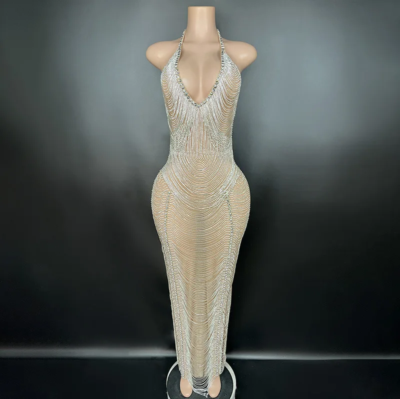 

Sexy Women Prom Dresses Hand Drilling Neck Hanging Backless Long Dress Temperament Celebrity Walking On The Red Carpet SameStyle