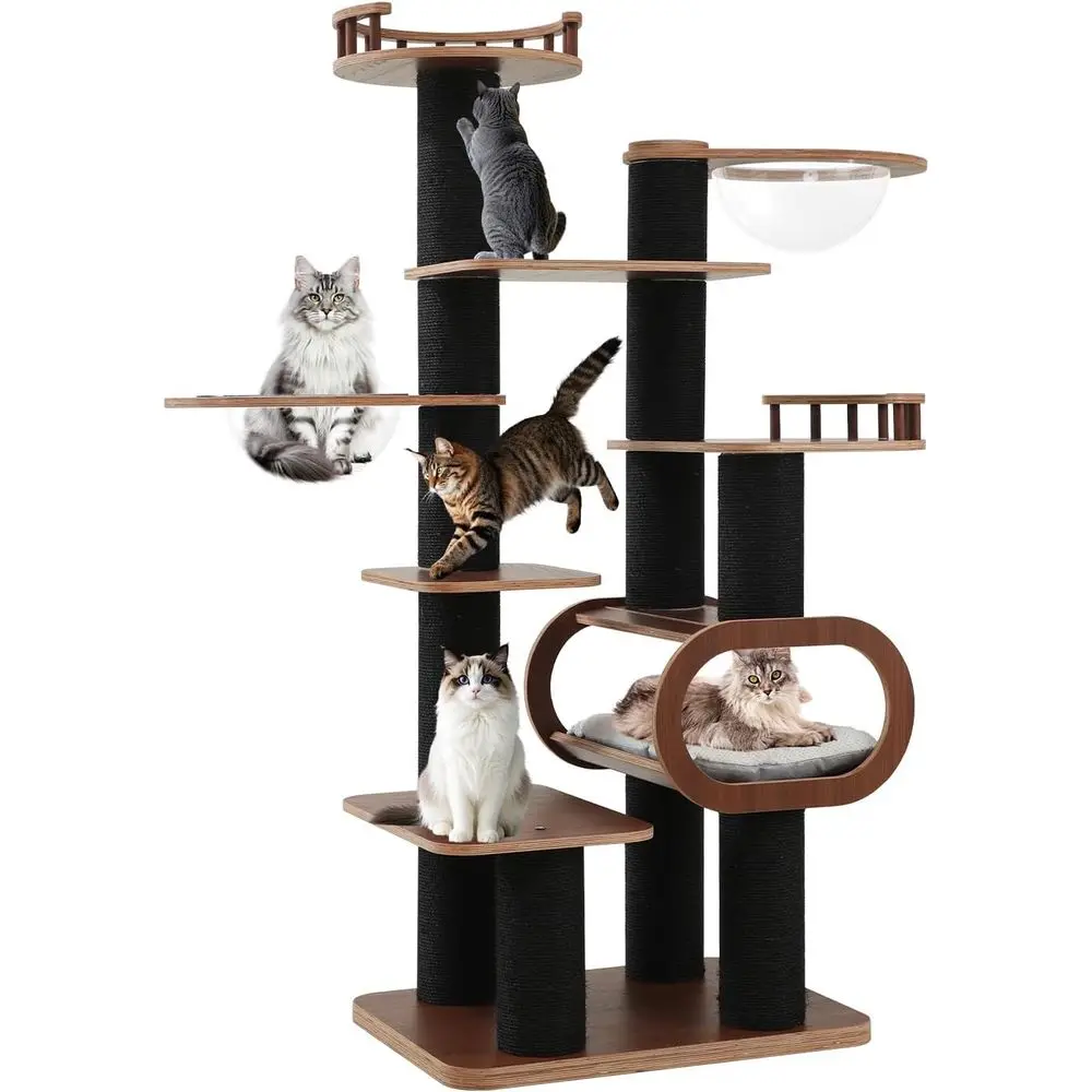 

71 High-Quality Black Cat Tree House, Multi-Level Wooden Tower with See-Through Bed for Large Cats and Multi-Pet Homes