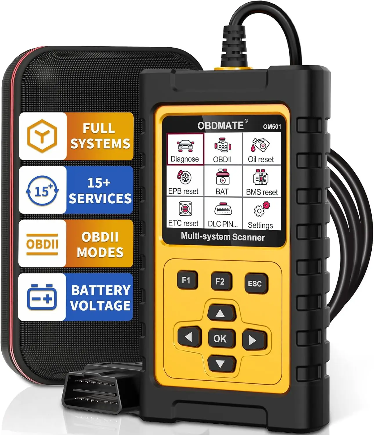 

OBD2 Scanner for Jaguar Land Rover, OM501 Diagnostic Tool with 15+ Resets, Full OBDII Functions, Free Update