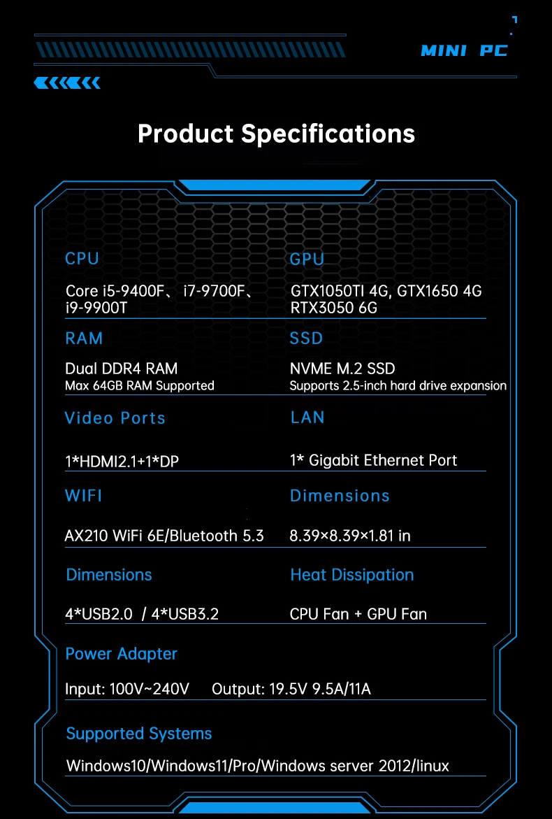 MSECORE MV9 Mini Gaming PC Intel Core I9-9900T RTX3050 6G Discrete Graphics DDR4 NVMe SSD WiFi5 BT5.0 HDMI DP Type-C 4K ESports
