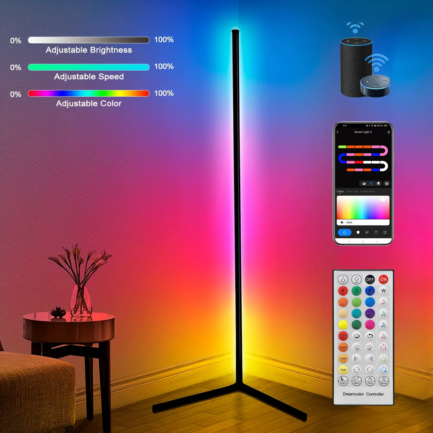 120/160CM Smart Tuya WiFi LED Light Bar Dimmable RGB Corner Floor Lamp Alexa Stand Light for Gaming Living Room Decor Mood Light