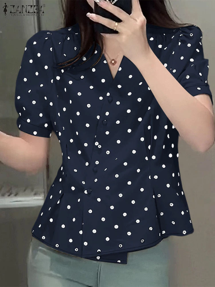 

Stylish Women Blouses ZANZEA 2025 Summer Polka Dots Shirt Elegant Short Puff Sleeve Slim Fit Tunic Tops Casual Work OL Blusas
