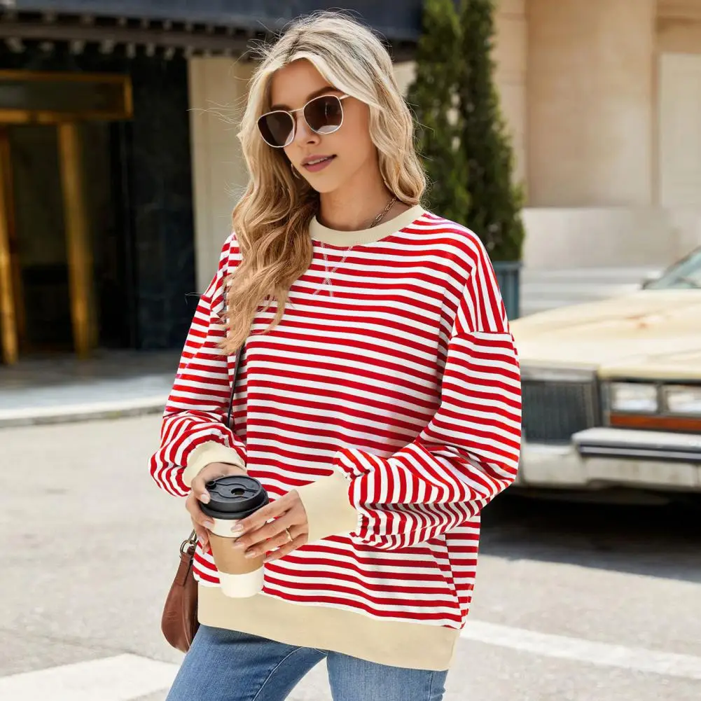 Women Cozy Top Striped Print Women's Sweatshirt with Contrasting Colors Elastic Cuffs Casual Fall Winter Top for Daily Wear