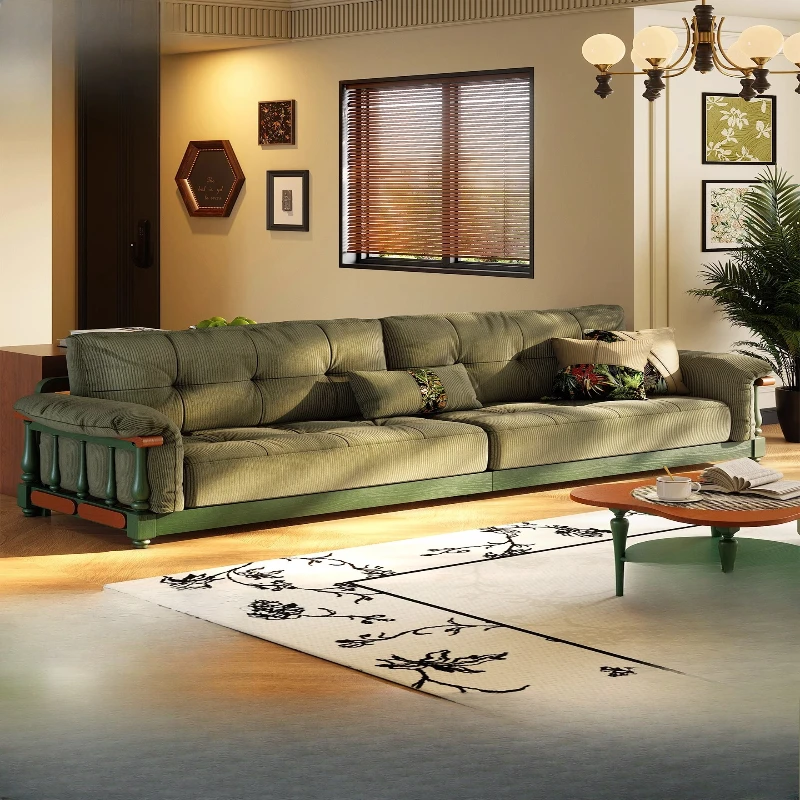 Sofa small apartment living room straight row sofa solid wood fabric sofa