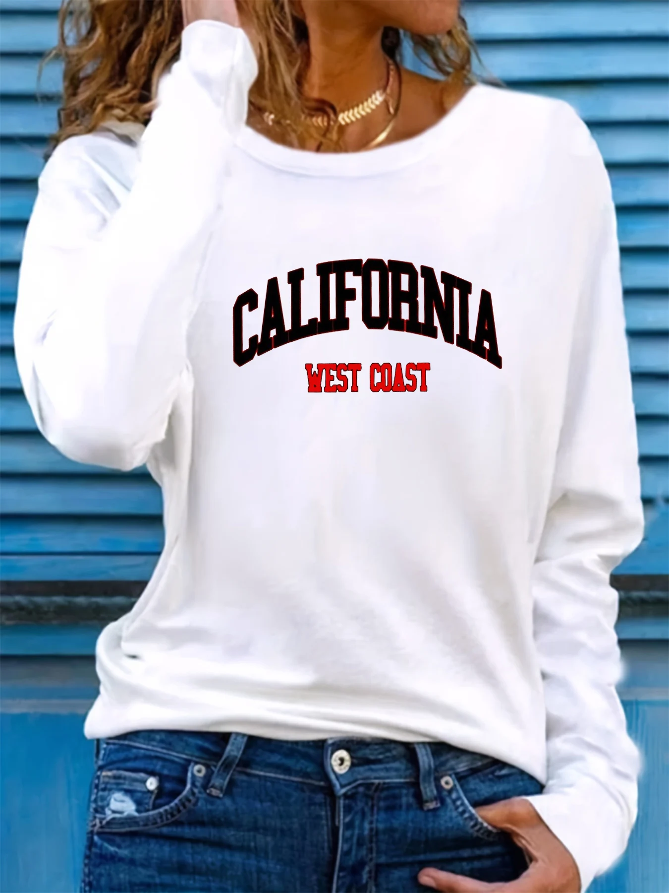 

Women's Spring and Autumn 100% Cotton Comfortable Casual Fashion Long Sleeve California West Coast Printed Round Neck T-shirt