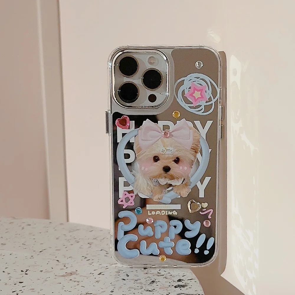 Funda Protectora para Teléfono con Diseño de Cachorro de Dibujos Animados, con Diamantes y Espejo, para iPhone 17 Air 16 15 14 13 11 12 Pro Max, Resistente a Impactos