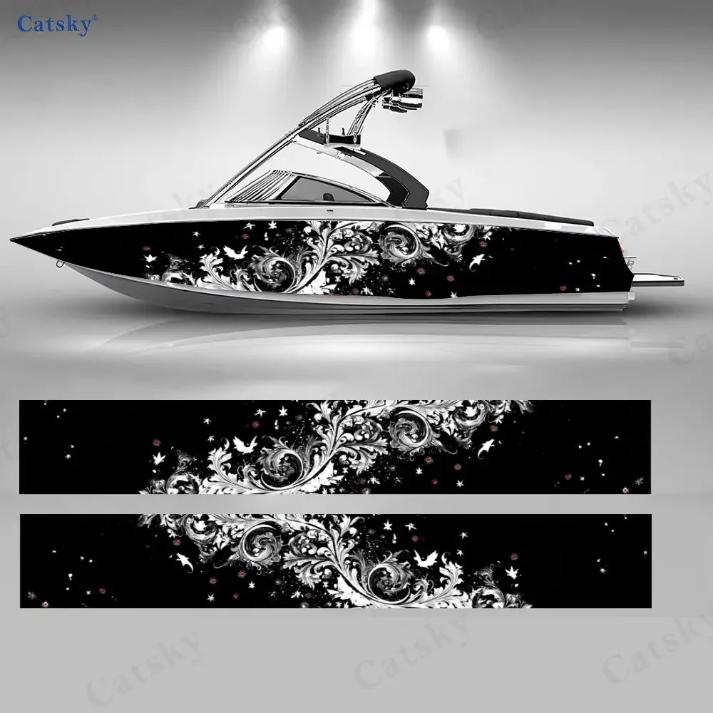 2Pcs Gothic Black & White Scrollwork Boat Sticker, PVC Waterproof Vinyl Wrap Decals for Fishing Boat, Durable and Stylish Design