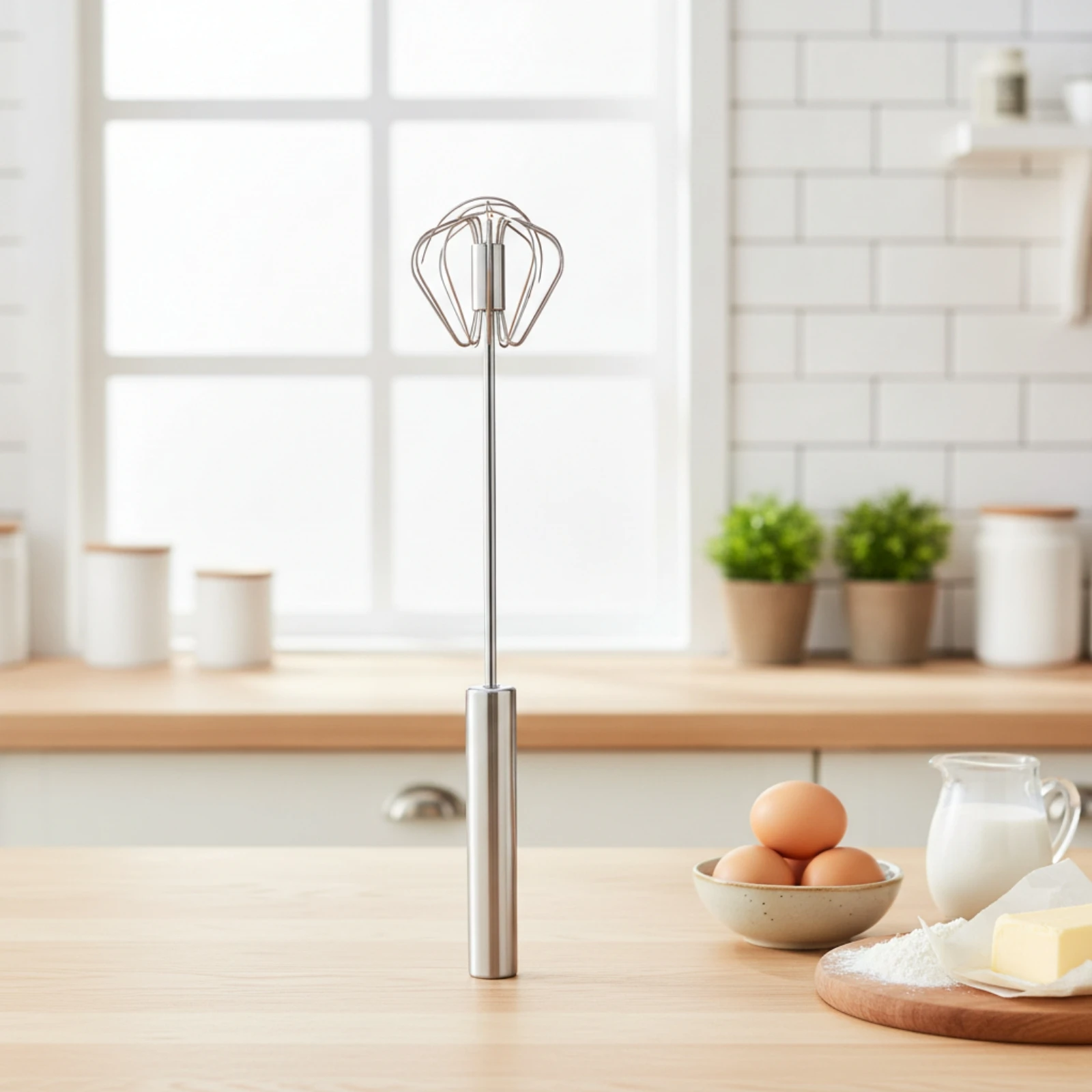 Semi-Automatic Whisk Stainless Steel Hand Push Whisk Press-Activated Manual for Bakers, Baking, Kitchen