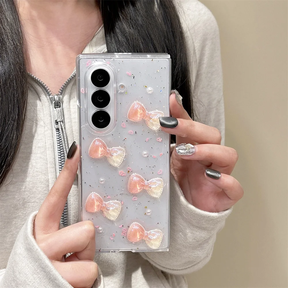 Cottage Sweet Jelly Bow Pearl Epoxy Phone Case for Samsung Galaxy Z Fold 8 Ultra Crystal Bead Wrist Strap Cover for Z Flip 8-3