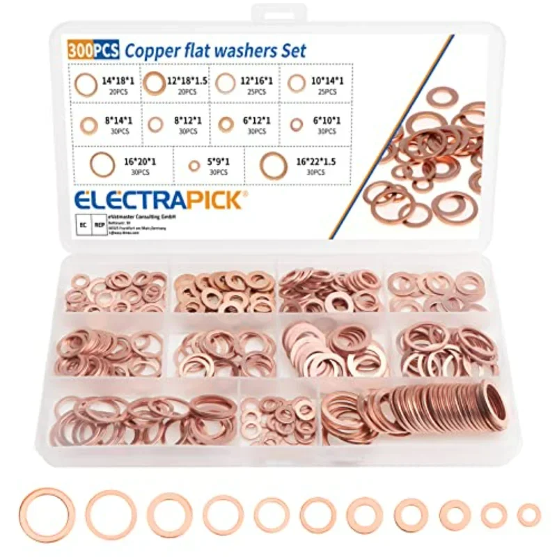 300pcs/box Copper Washers Set for Screws with 12 Sizes Locking Washers Fasteners Kit M5 M6 M8 M10 M12 M14 M16