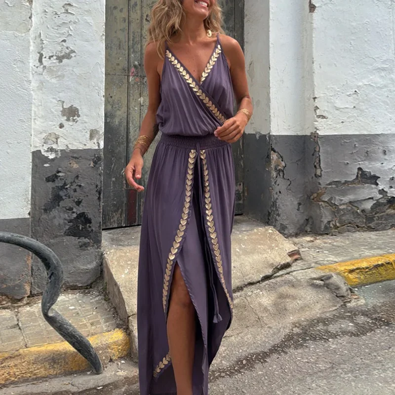 

LIBIELIY Elegant V-neck Loose Suspenders Jumpsuit Fashion Gold Webbing Patchwork Long Romper Casual Sleeveless Irregular Solid