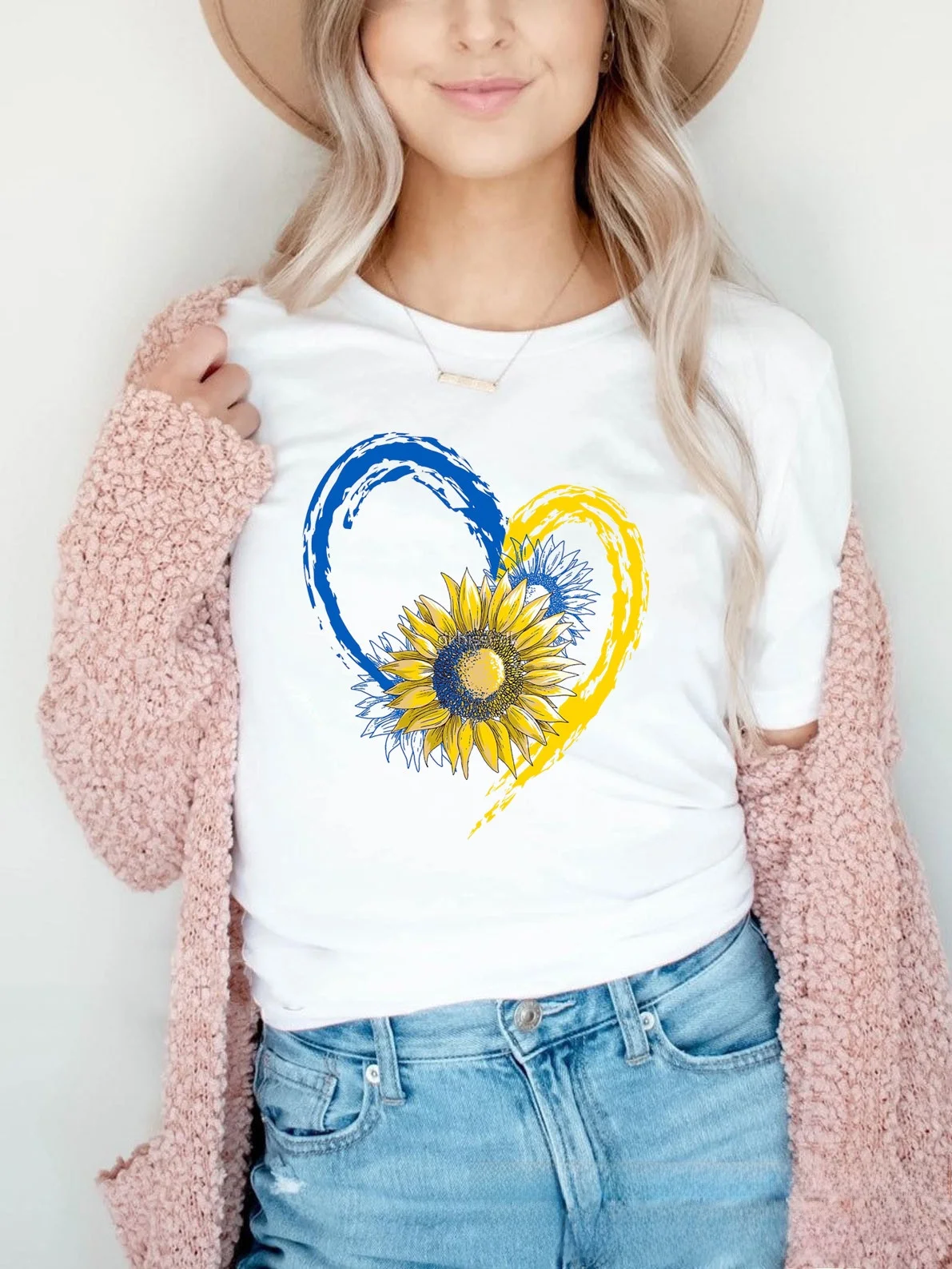 Heareat – T-shirt imprimé bleu jaune pour femme, haut Faion Y2K Sle ort Sve pour fille, pour la saison d'automne, autres matériaux 00%
