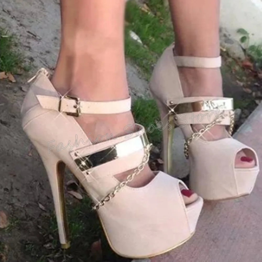 

Apricot Peep Toe Chain Decor Sandals Platform Ankle Buckle Back Zipper High Heel Shoes for Women Heels 2025 New Zapatos Para Muj