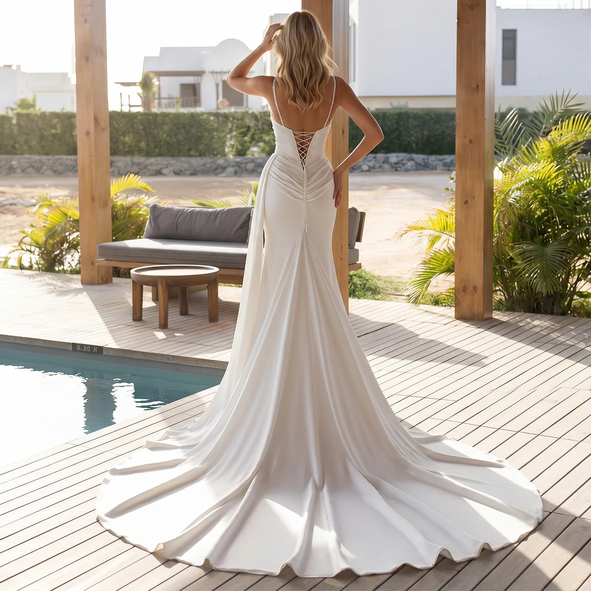 Classic Mermaid Beaded Wedding Dress With Train Vestidos Novia Long Slit Bridal Party Gown For Women