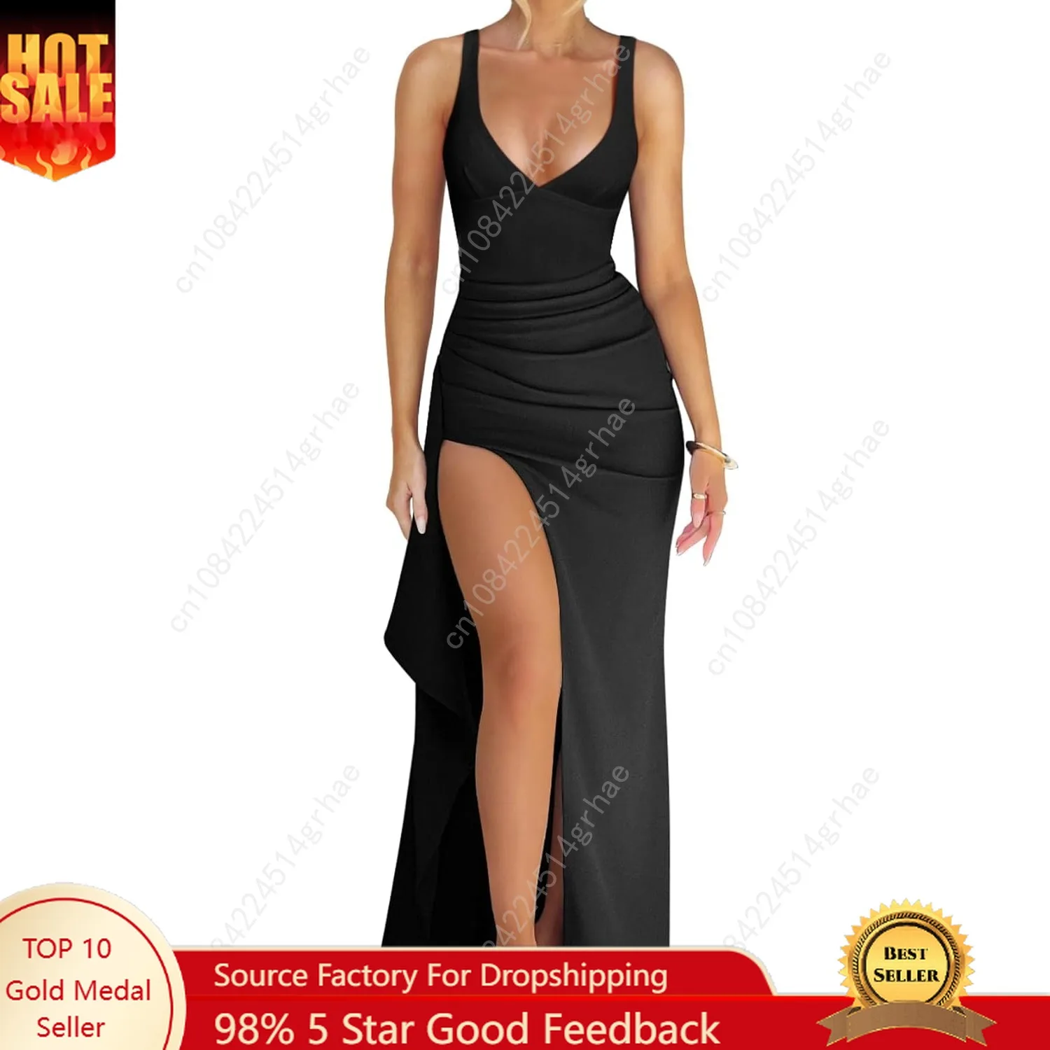 

Women's Sexy Plunge Neckline Bodycon Ruched High Slit Party Maxi Dress