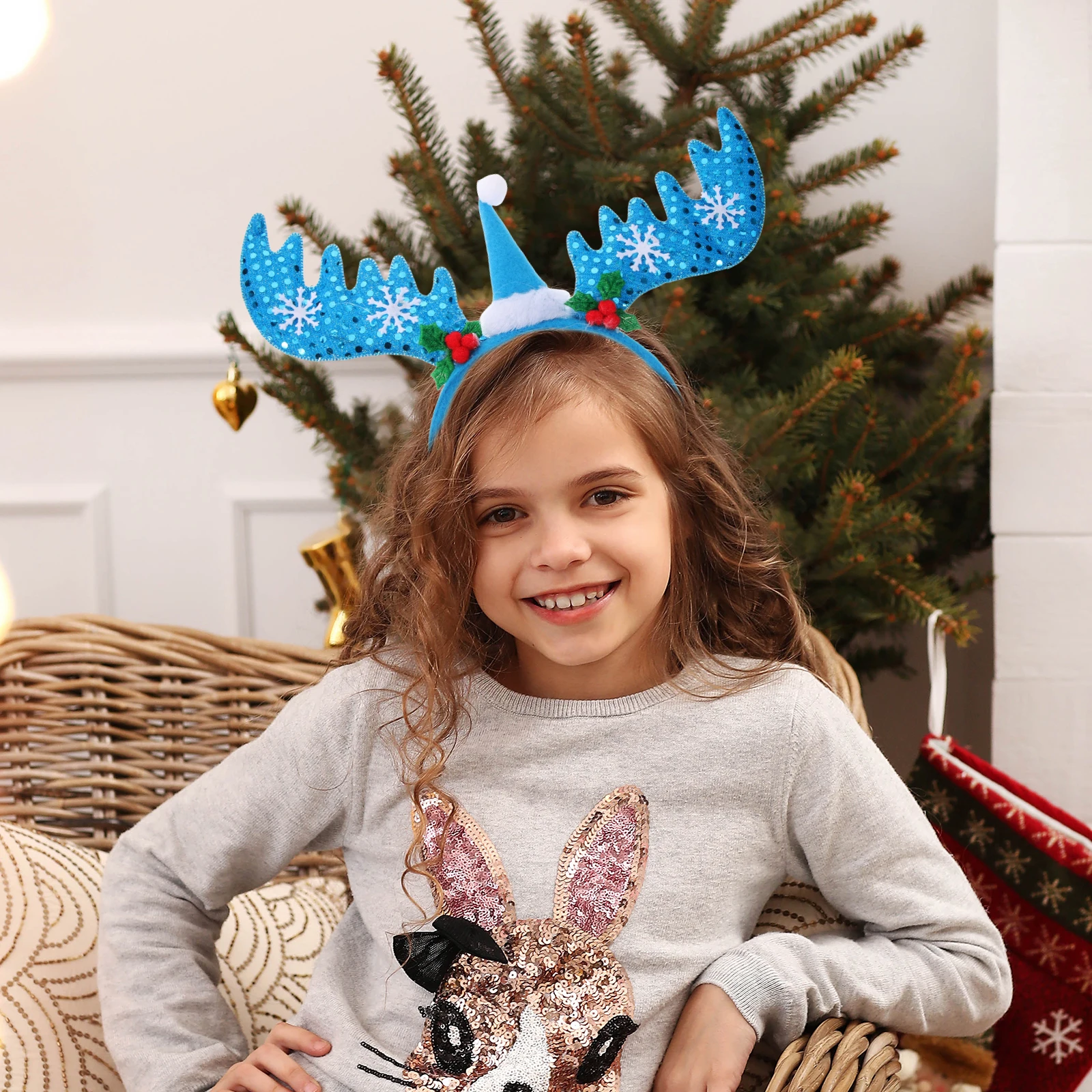 

7Pcs Christmas Headb Xmas Headwear 2RedFeatherClips 2SantaHatClips 1TreeClip 1BrownReindeerClip 1BlueGlitterReindeerClip