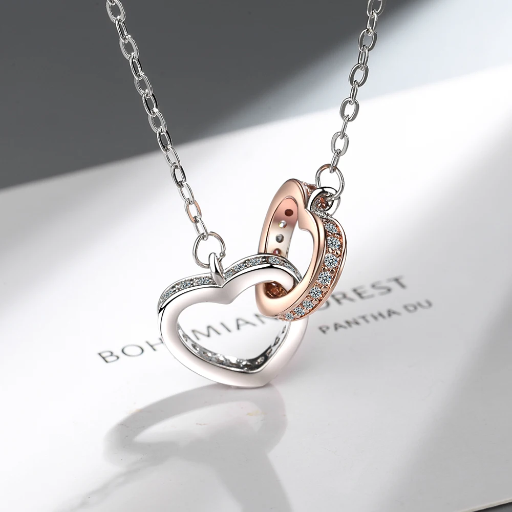 Simulated Moissanite Double Heart Pendant Necklace for Women 925 Sterling Silver Lab Diamond Neck Chain Choker Fine Jewelry Gift