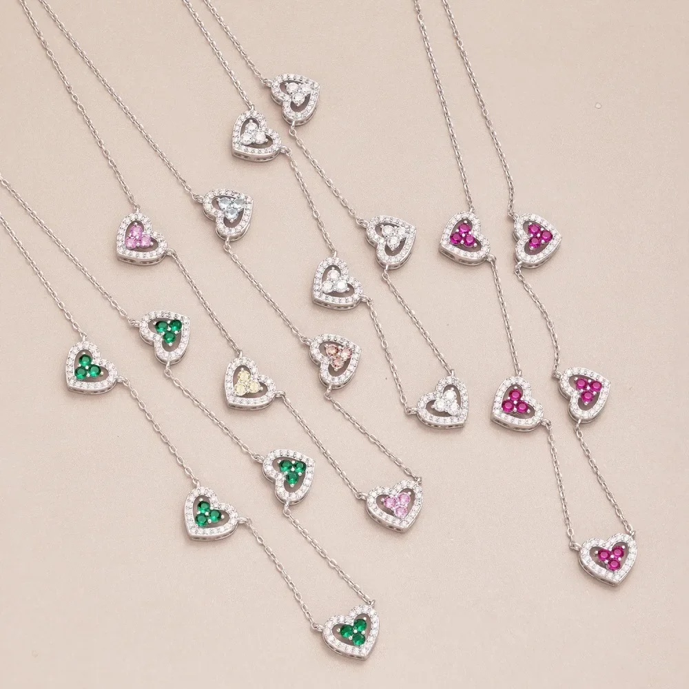 

True Silver 925 5 Hearts Necklace Women Rainbow Heart Charm Pendant Necklace Female Luxury Jewelry Sparkling 5A Zircon Girl Gift