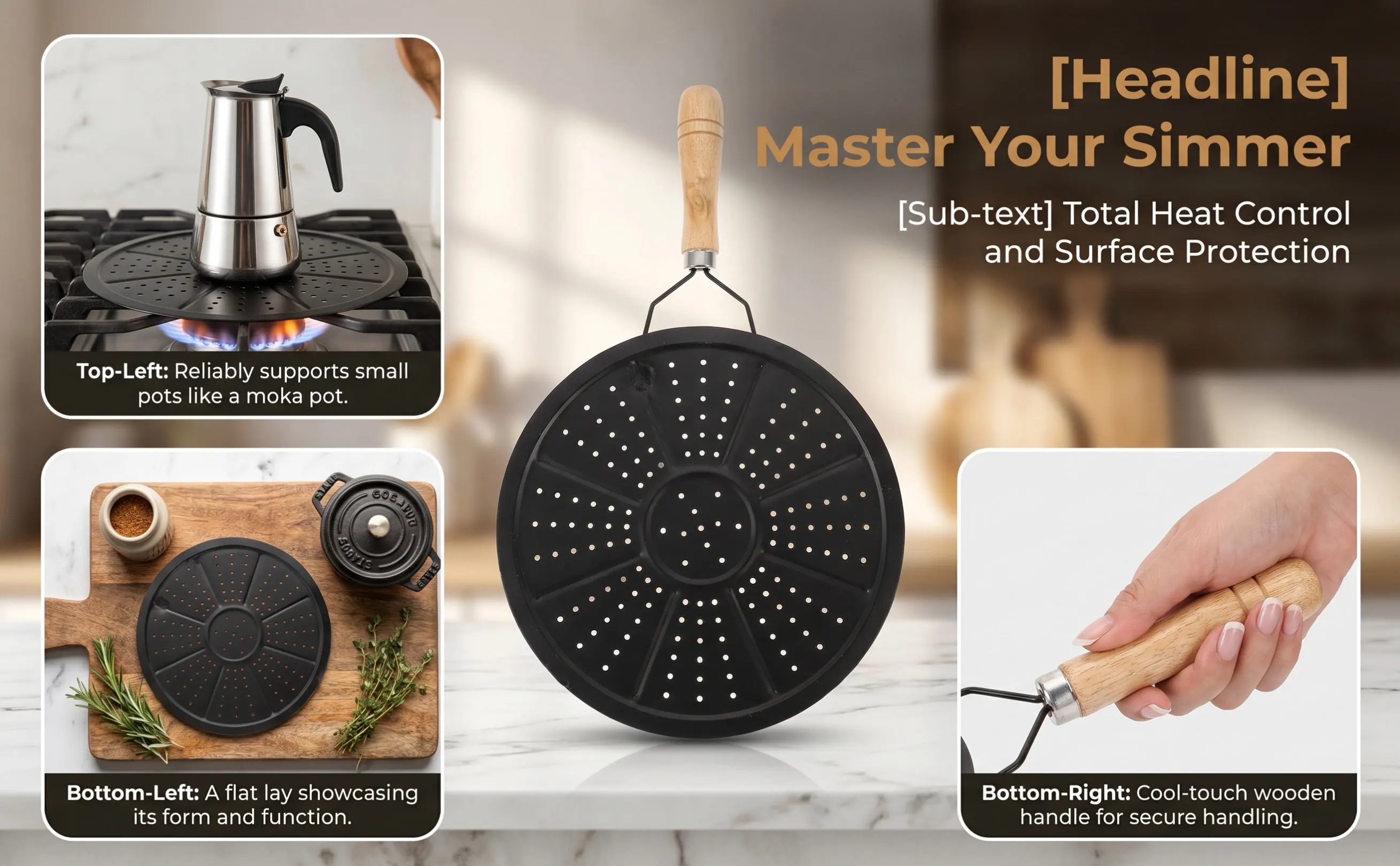 Elegant Smooth Edge Iron and Wood Pot Pad Heat Diffuser for Gas Induction Electric Stovetops Kitchen Countertop Protective Mat