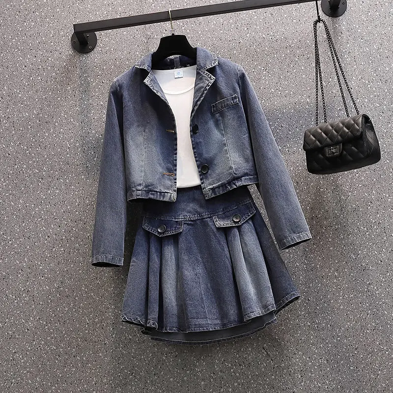 

plus Size Women's Faion Set ort Denim Jaet Pleated Skirt Two Piece Suit Autumn 2024 New Arrival Polyester Material