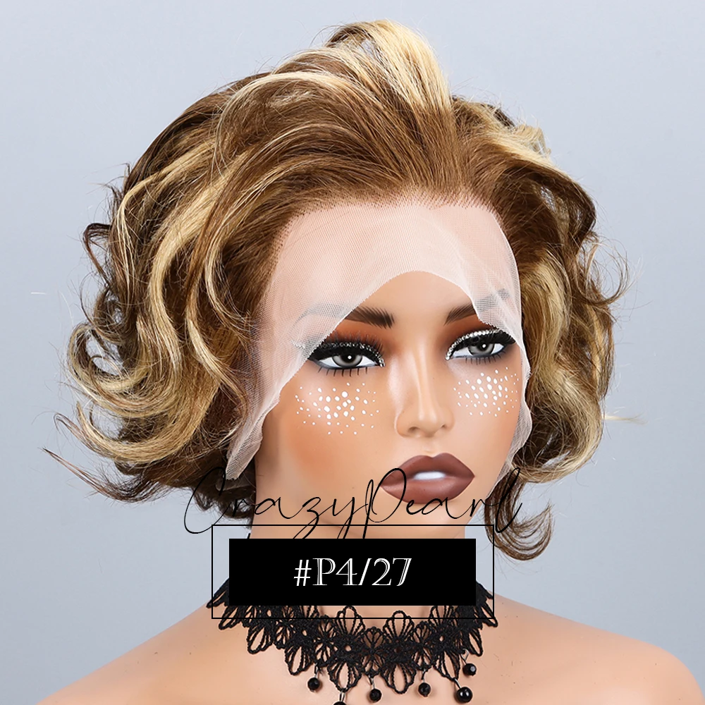 P4/27 Highlight Pixie Cut Wigs Human Hair Short Curly Brown Blonde Gradient Lace Front Pre Plucked Bleached Knots Natural Look image 3