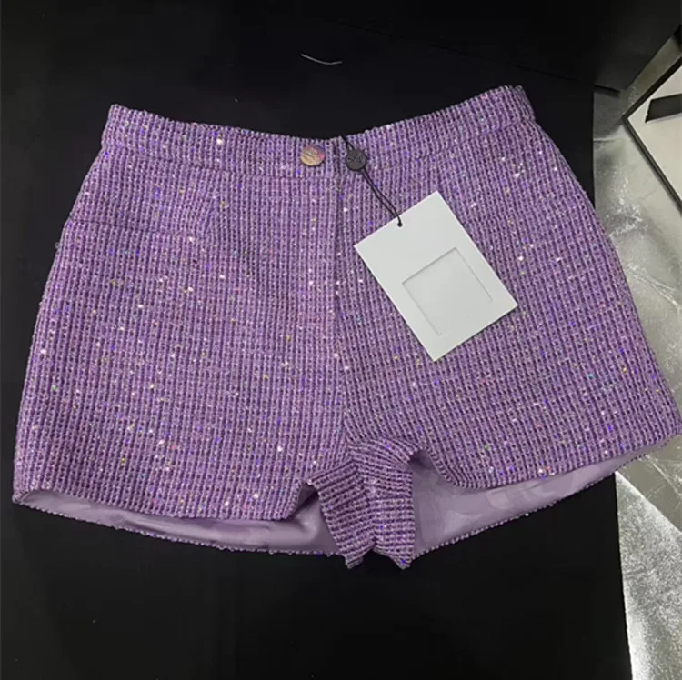 Customization European women's fashion 2026 new collection Long-sleeved sequined single-button purple tweed coat short suit image 3