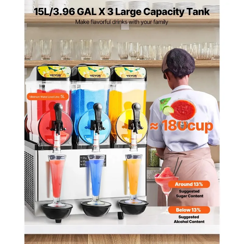 

【Premium】 15L Commercial Frozen Drink Maker Triple Tank Slushy Machine Slushie Maker Machine for Home Party Restaurants Cafe Bar