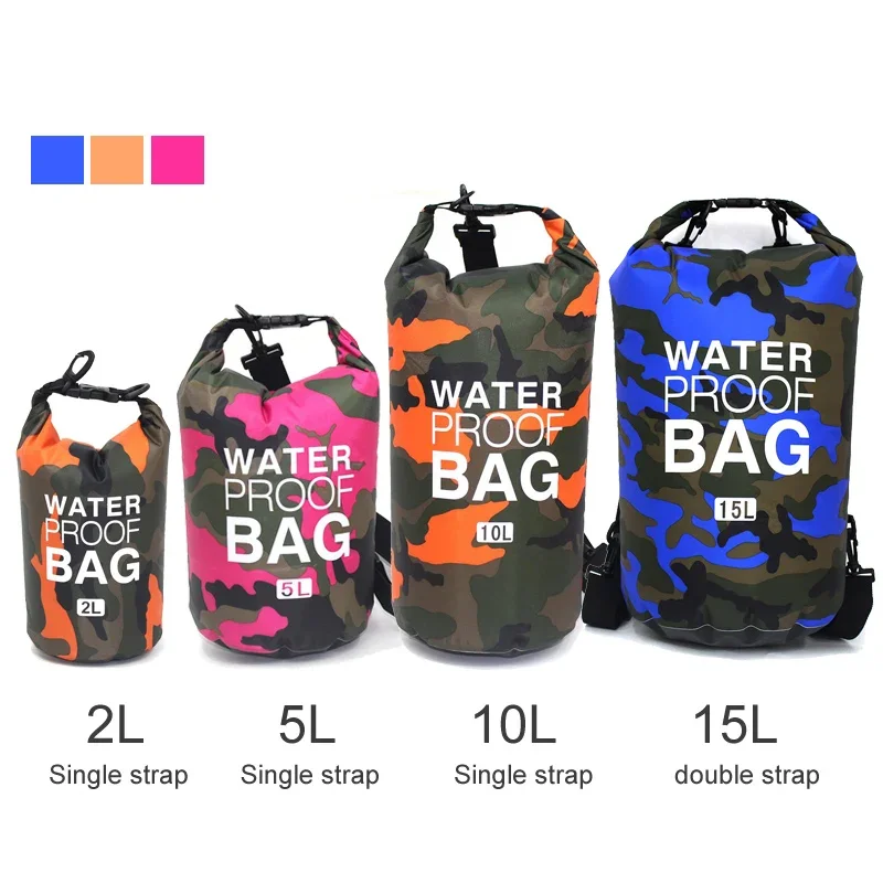 2/5/10/15/20/30L Outdoor Camouflage Waterproof Portable Rafting Diving Dry Bag Sack PVC Coated Swimming Bags for River Trekking