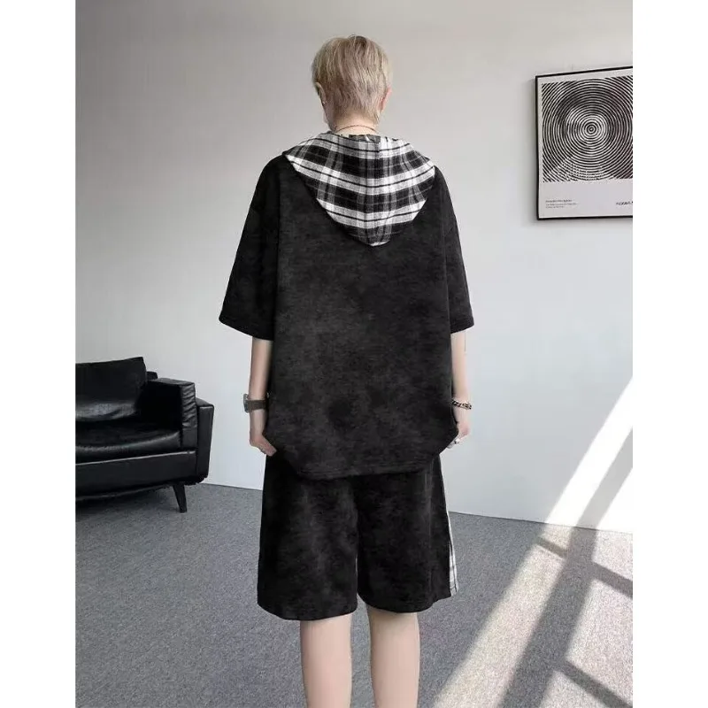 M-8XL Plus Size Men's Clothing Short Sleeved Hooded T-shirt+shorts Pants Sports Set Harajuku, Japan Fashion Casual Two Piece Set view 2
