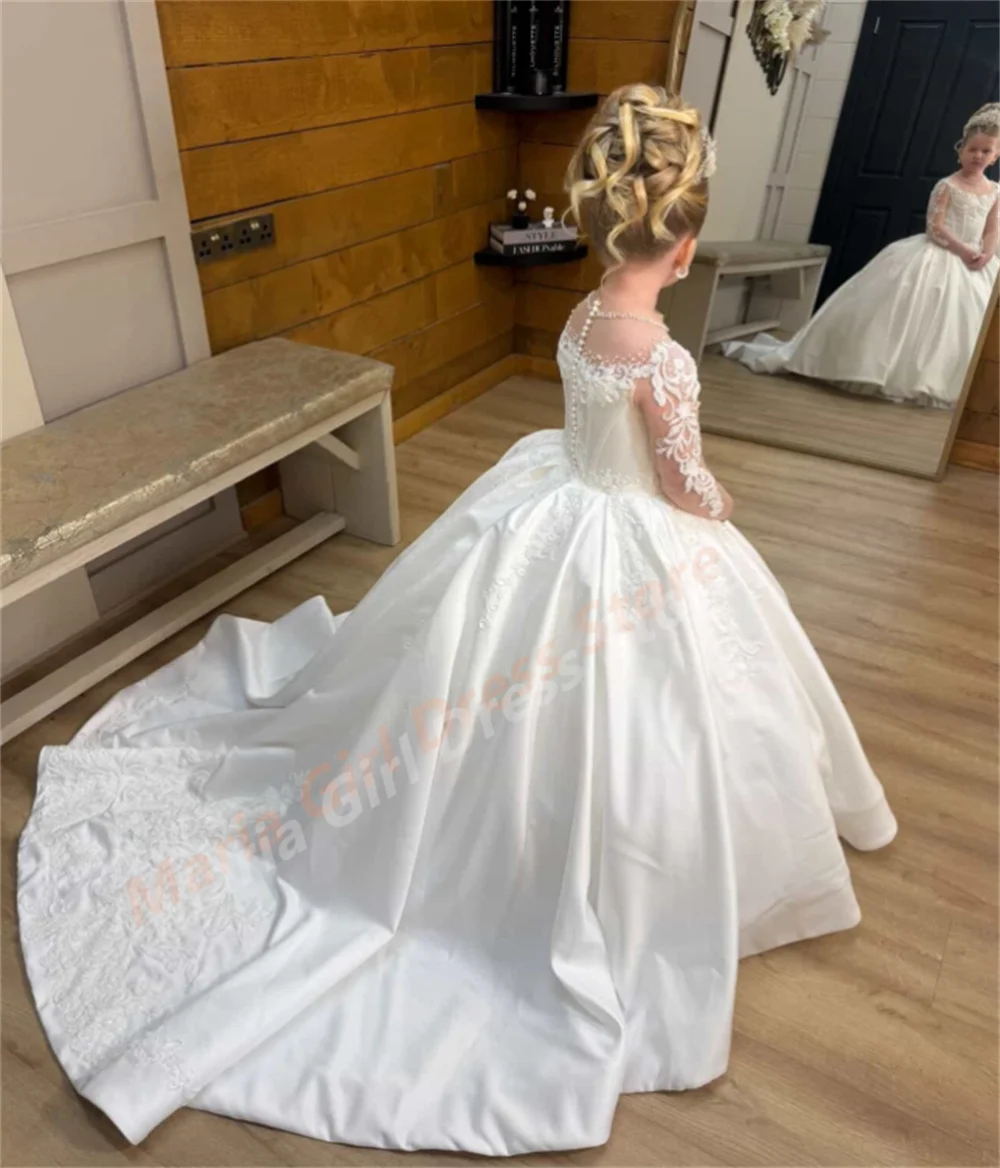 Girls European American Style Flower Girl Dress with Sheer Full Sleeves Train Lace Puffy Pageant Performance Dress for Piano