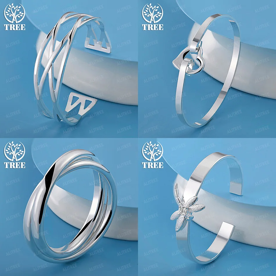 

Fine Christmas Gift 925 Sterling Silver Dragonfly Heart Cross Grid Smooth Round Bangles Wedding Party Charm Jewelry Accessories