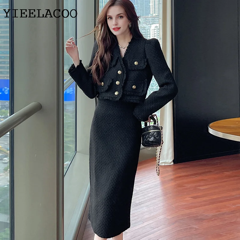 

Black Tweed jacket + Skirt Suit slimming fashion new Women's Jacket Professional Autumn/Winter 2-Piece Set