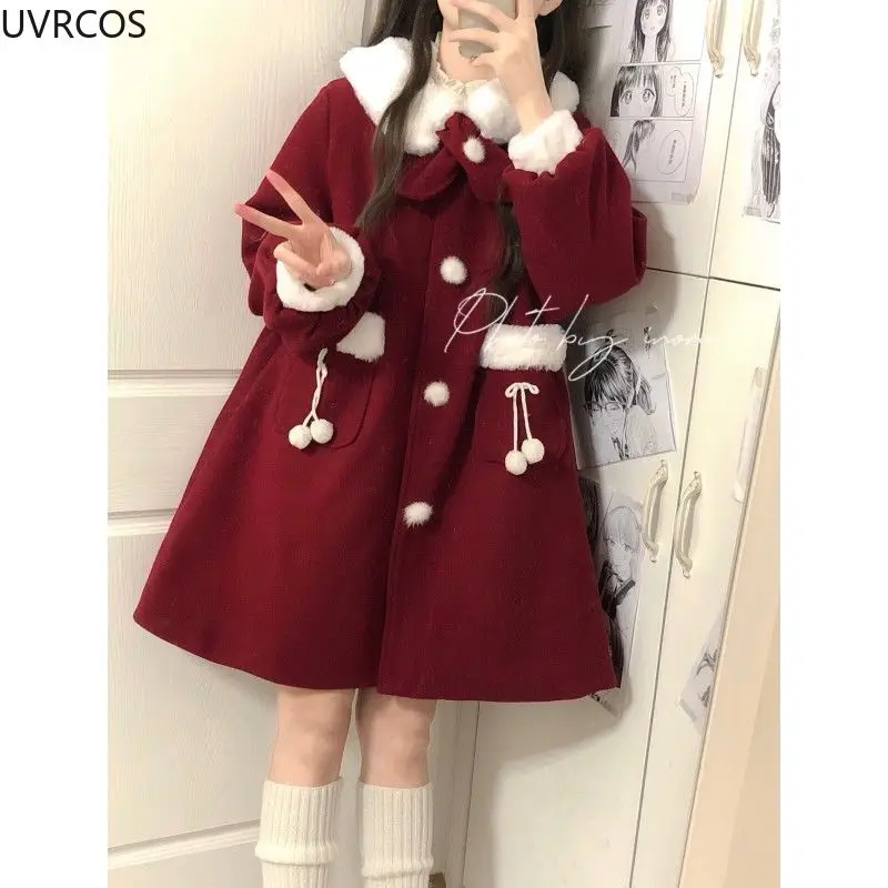 Winter Kawaii Red Wool Coats Women Loose Japanese Sweet Lolita Outwear Jacket Female Korean Style Pockets Warm Bow Overcoat 2024