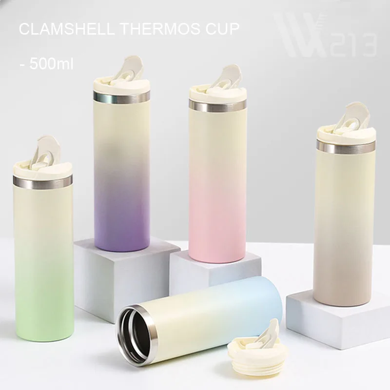 

500ML Clamshell THERMOS CUP Double Layer Stainless Steel Gradient Color Insulation Cold Seal Leakproof Women's WATER BOTTLE,MUG