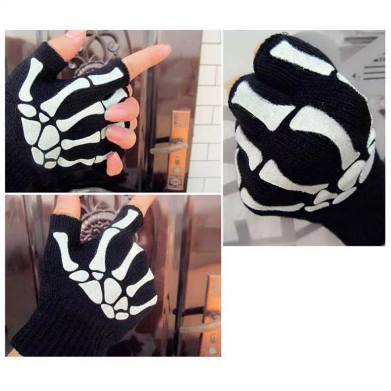 1/3/6 Paar Unisex-Erwachsene Halloween-Skelett-Schädel-Halbfinger-Handschuhe, die im Dunkeln leuchten, fingerlose Stretch-Strick-Winterhandschuhe