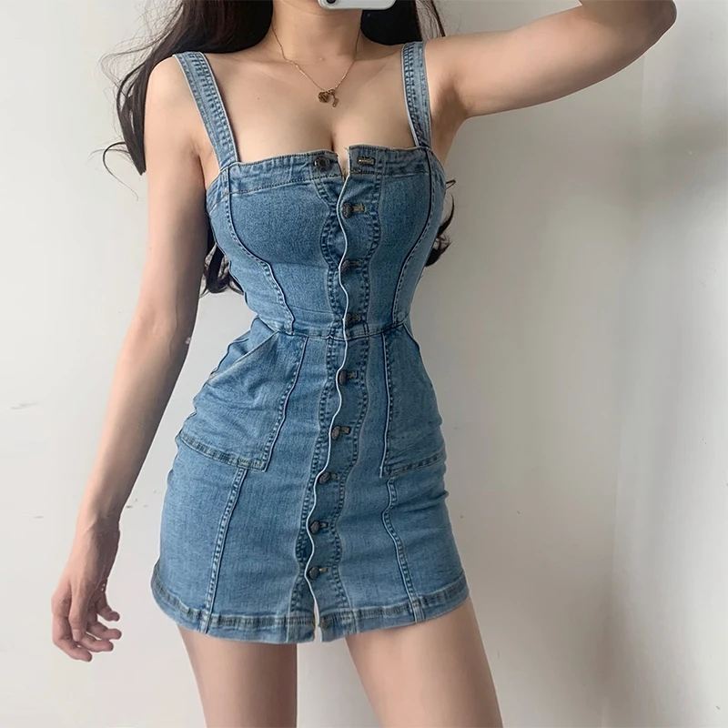 Sexy Jeans Dress Women 2022 Summer Single Breasted Spaghetti Strap Dresses Ladies Sheath Wraped Denim Dress Pockets High Waist