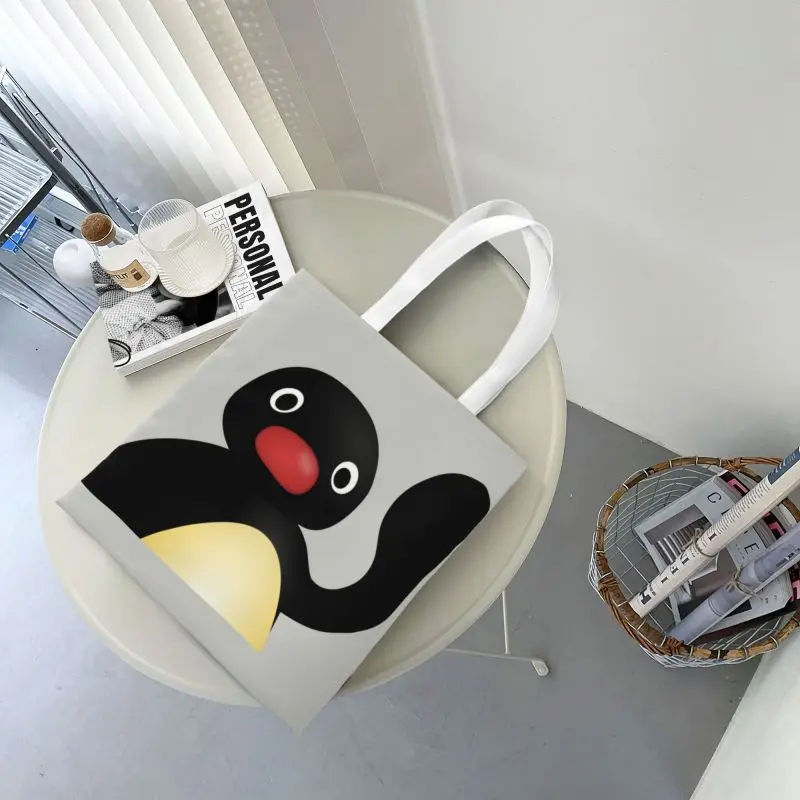 Kawaii Pingu Waving Shopping Tote Bag Recycling Penguin Canvas Groceries Shopper Shoulder Bag