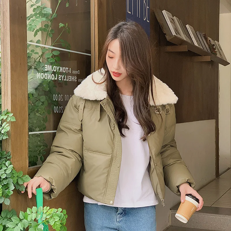 Women Patchwork Parkas Coats Short Overcoats Turn Down Fur Collar Zipper Long Sleeves Loose Fit Thick Casual 2026 Autumn Winter
