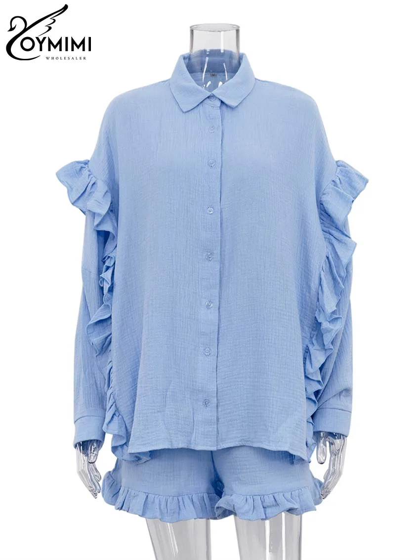 Oymimi Casual Blue Cotton Sets For Women 2 Pieces Elegant Lapel Long Sleeve Ruffled Shirts And High Waisted Solid Shorts Sets