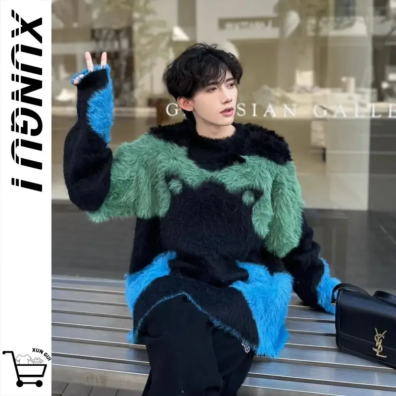 Color Blocking Splicing Artistic Sweater for Men Loose and Lazy Style Knitted Sweater Retro Imitation Mink Fur Jacket