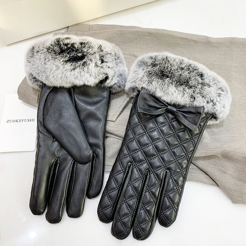 Elegant Bow Women's Winter Warm Genuine Leather Gloves With Rex Rabbit Fur Trim Cuffs Velvet Lined