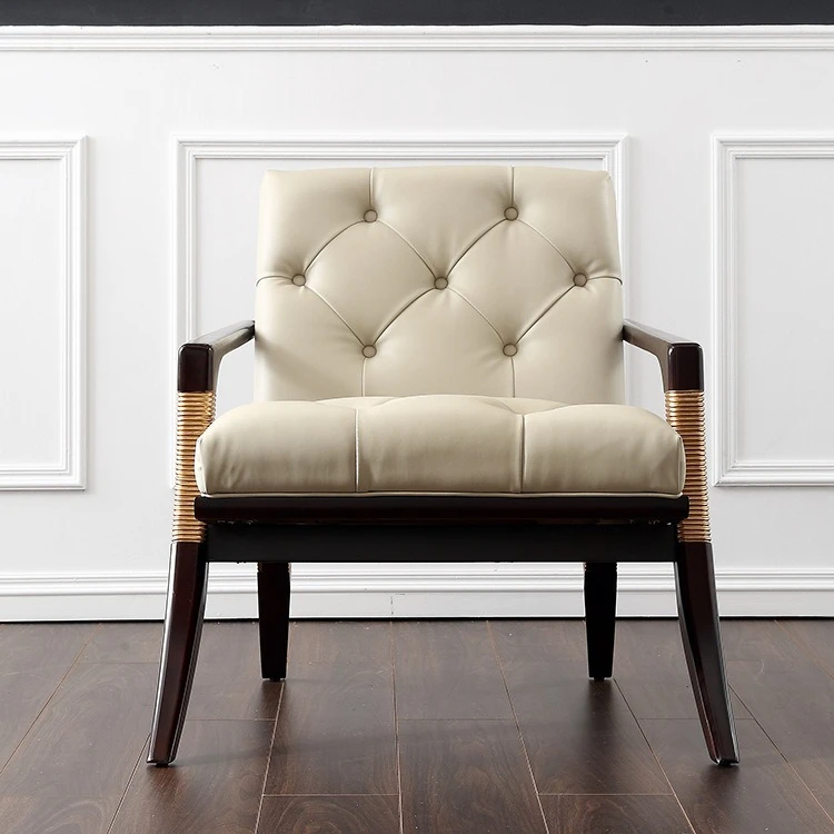 Casual single sofa chair living room full solid wood designer first layer leather pull buckle lazy small comfortable