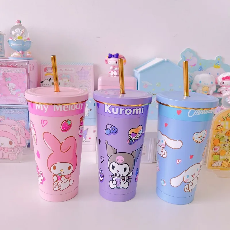 New 750ml Gold Rim Straw Thermos Cup Portable Water Bottle Cartoon Anime Sanrio Cinnamoroll Kitty Melody Kuromi Juice Keep Cold