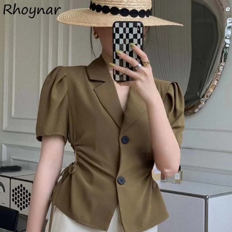 Blazer Frauen Kurzarm Chic Raffen Vintage Sommer Französisch Stil Temperament Mode Büro Damen Einfache Casual Ulzzang Ins