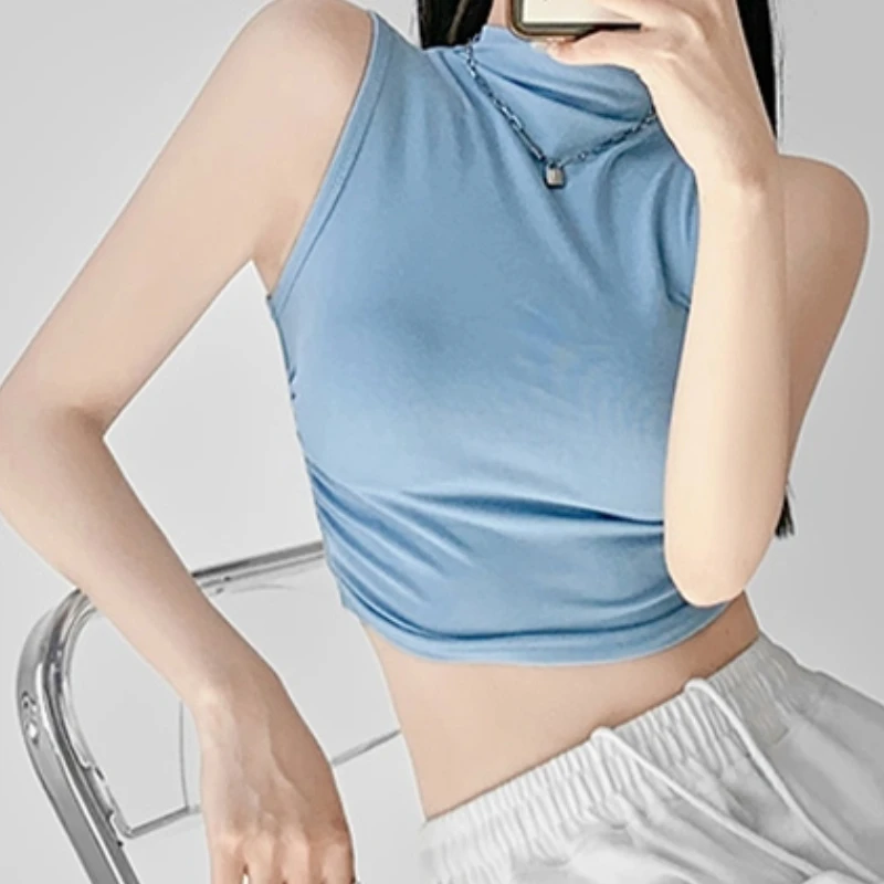 

Hot Girl Half Turtleneck Slim Sleeveless Vest Women's Summer Style Versatile Slim Navel-baring Short Top